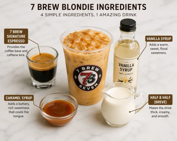7 Brew Blondie recipe ingredients: espresso shot, vanilla syrup, caramel syrup, and half and half labeled around the iced drink