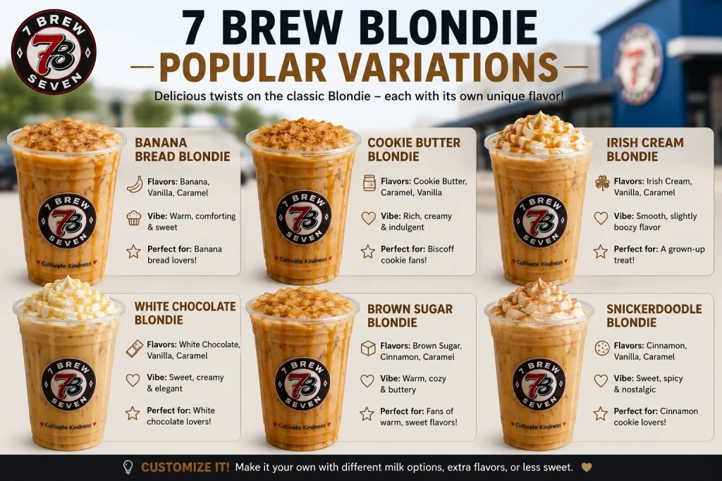 "7 Brew Blondie popular flavor variations infographic with six drink twists"