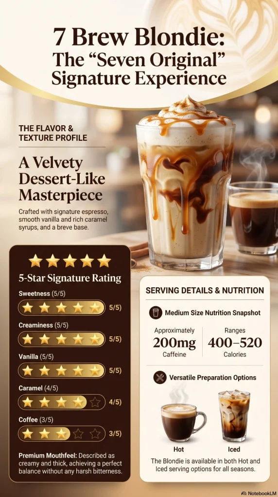 7 Brew Blondie infographic with flavor rating chart, caffeine and calorie details, and hot vs iced serving options