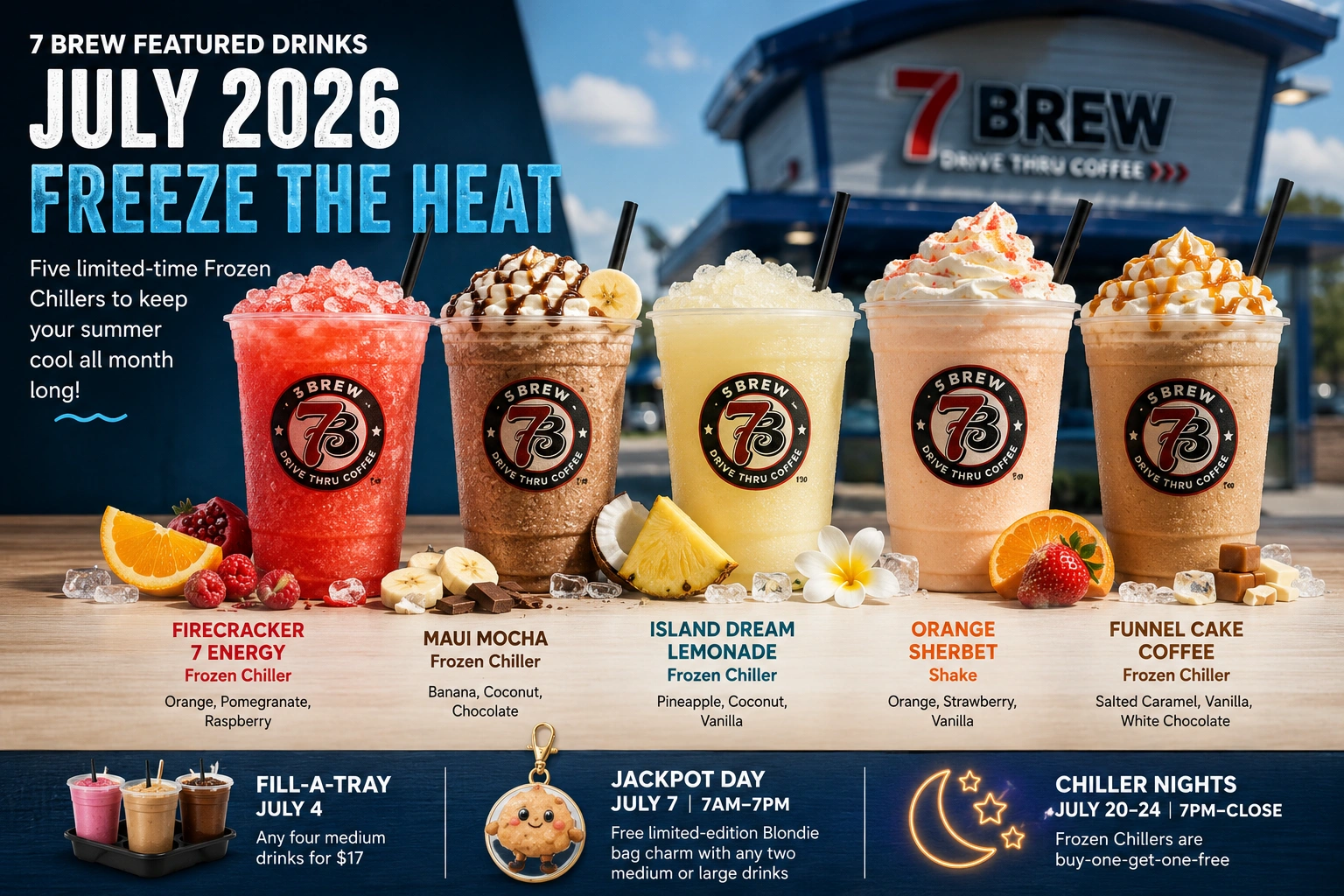 Featured Drinks 1 7 Brew featured drinks July 2026 Freeze the Heat lineup featuring Firecracker 7 Energy, Maui Mocha, Island Dream Lemonade, Orange Sherbet, and Funnel Cake Coffee