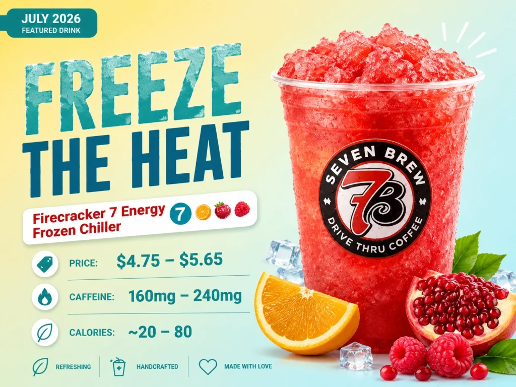 Featured Drinks 2 7 Brew Firecracker 7 Energy Frozen Chiller with orange, pomegranate, and raspberry, 160-240mg caffeine