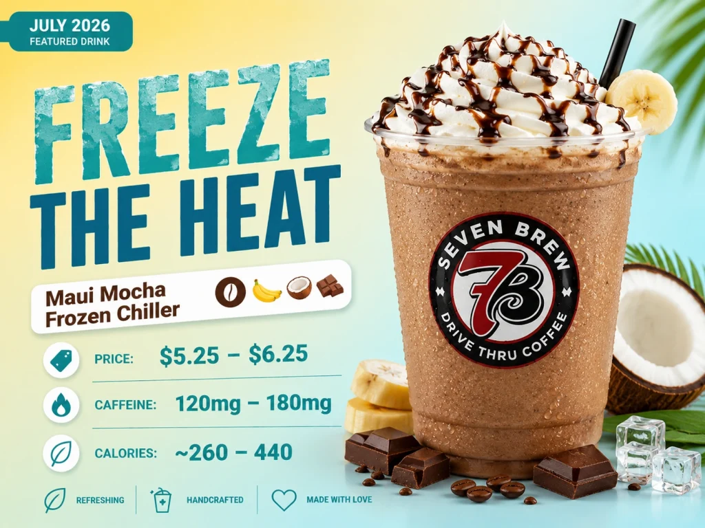 Featured Drinks 3 7 Brew Maui Mocha Frozen Chiller with banana, coconut, and chocolate, topped with whipped cream, 120-180mg caffeine