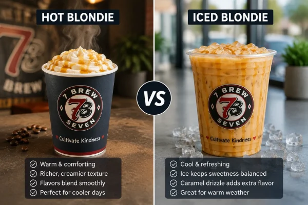 7 Brew hot Blondie versus iced Blondie comparison with flavor and texture differences